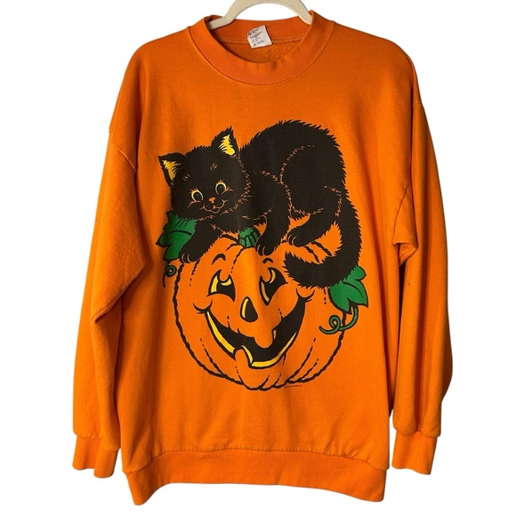 RARE Vintage 90s Hallmark Black Cat Pumpkin Halloween Sweatshirt USA XL - Picture 2 of 14